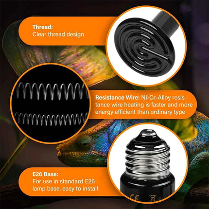 3PCS Reptiles Far Infrared Heating Bulb 220V/110V 25W 50W 75W 100W E27 Black Ceramic Heat Lamp for Turtle Snake Chameleon