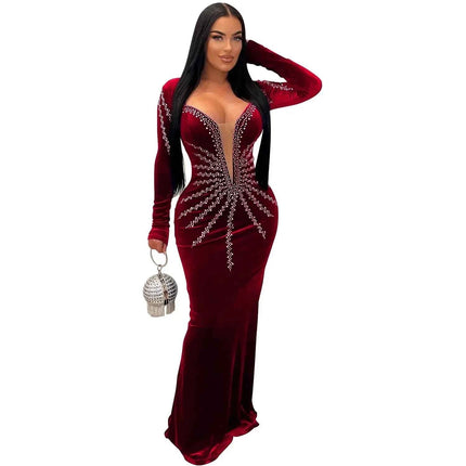 2025 Elegante abito da festa lungo in velluto con diamanti per donna Abito da sera sexy con scollo a V profondo Abito formale nero sottile
