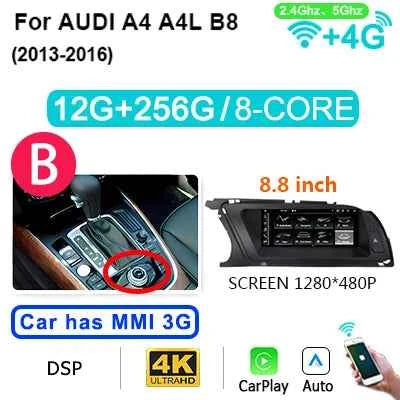 8GB 256GB Carplay 8.8'' Android 14 Auto Car Radio Multimedia player For Audi A4 B8 2009-2016 2 din autoradio Stereo 4G LTE
