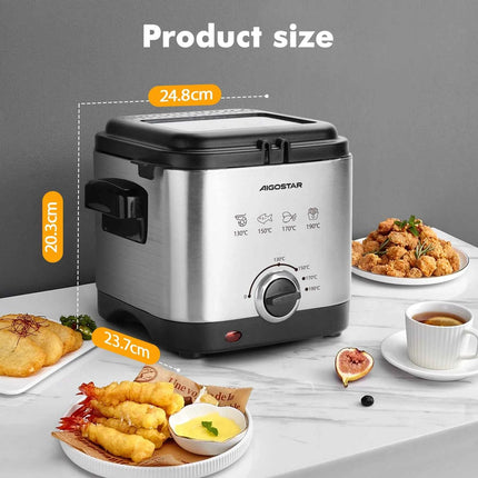 Aigostar Fries 30IZD 1.5L Compact Fryer Stainless Steel 1000 Watt with Viewing Window, Temperature Control, Exclusive Design