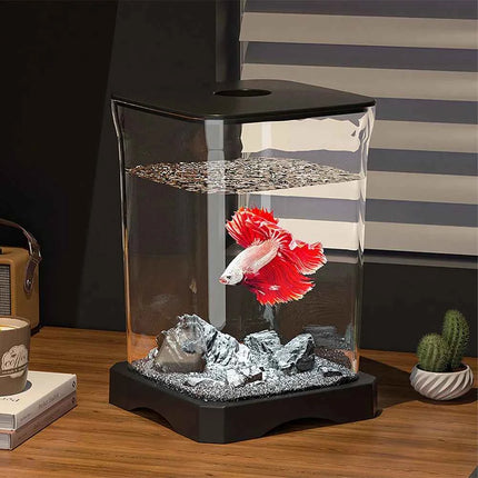 Aquarium Starter Kit Mini Desktop Rectangular Fish Tank With Top Feeding Hole with Bottom Light Tabletop Decoration For Betta