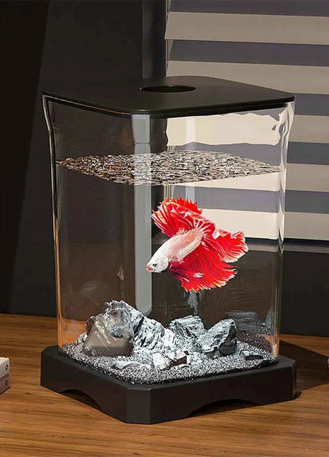 Aquarium Starter Kit Mini Desktop Rectangular Fish Tank With Top Feeding Hole with Bottom Light Tabletop Decoration For Betta