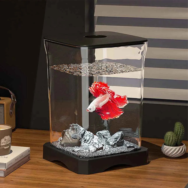 Aquarium Starter Kit Mini Desktop Rectangular Fish Tank With Top Feeding Hole with Bottom Light Tabletop Decoration For Betta