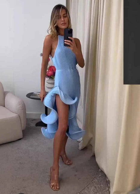 Abito lungo snellente in vita irregolare senza maniche stile vacanza elegante e sexy delle nuove donne di moda estiva 2025