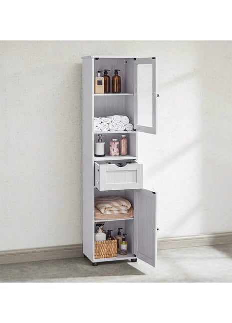 VASAGLE Tall Free Standing Bathroom Cabinet, Slim Cupboard, Glass Door, Adjustable Shelves, Light Grey