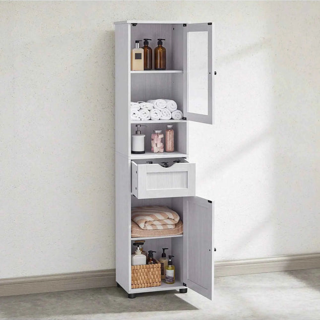 VASAGLE Tall Free Standing Bathroom Cabinet, Slim Cupboard, Glass Door, Adjustable Shelves, Light Grey