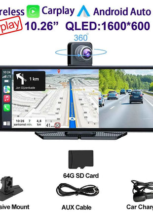 Universal 10.26" Car Intelligent 4K 360° Rotatio Car DVR Dash Cam Wireless CarPlay & Android Auto Bluetooth WIFI Rear Reversing