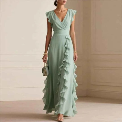 Abito lungo da donna elegante in tinta unita con volant senza maniche sexy con scollo a V Abiti lunghi da sera per feste da donna bohémien alla moda