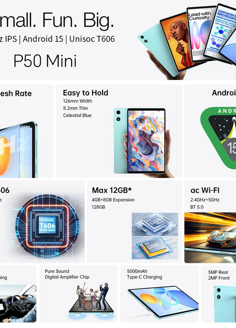 Teclast P50 Mini Tablet Android 15 8.7"IPS 90Hz 12GB(4GB+8GB Espansione)RAM 128GB ROM T606 8 Core 5000mAh GPS Widevine L1 Type-C