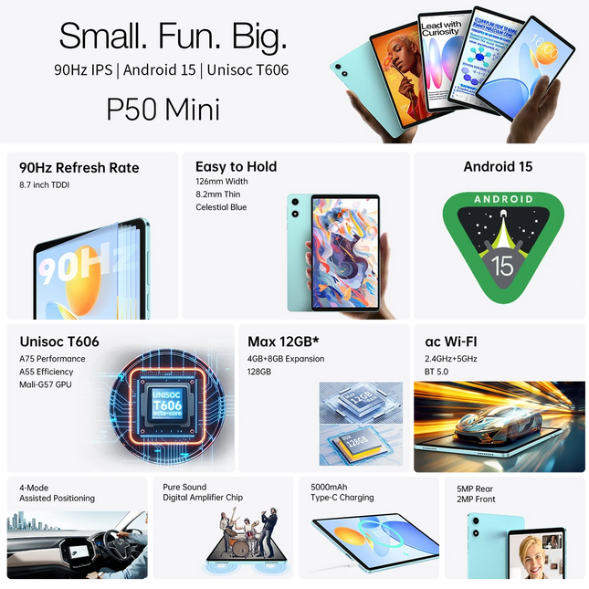 Teclast P50 Mini Tablet Android 15 8.7"IPS 90Hz 12GB(4GB+8GB Espansione)RAM 128GB ROM T606 8 Core 5000mAh GPS Widevine L1 Type-C