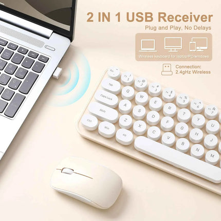 MIKIBY i68 Yellow Wireless Keyboard and Mouse Combo, 2.4G Retro Style Keyboard with Round Keycaps, Lightweight Membrane Keyboard