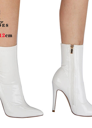 10CM 12CM Women Sexy Ankle Boots Zipper Thin Heels Short Boot Shiny Patent Leather High Heels Office Shoes Woman Bota Feminina
