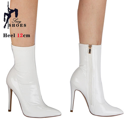 10 centimetri 12 CENTIMETRI Donne Sexy Stivaletti Cerniera Tacchi Sottili Stivale Corto Lucido In Pelle Verniciata Tacchi Alti Scarpe Da Ufficio Donna Bota Feminina