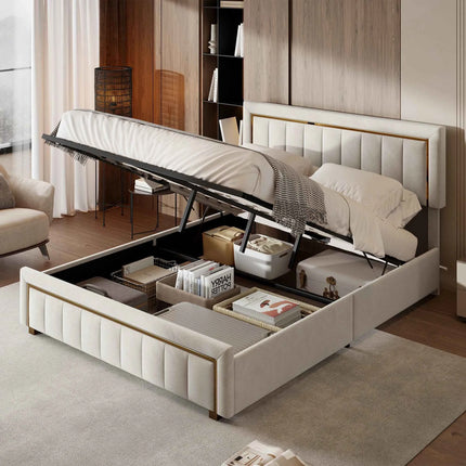 Comanlai 140x200cm Upholstered Bed, Hydraulic Bed with Storage Space and Vertical Stripes, Gold-Plated Edging, Velvet, Off-white