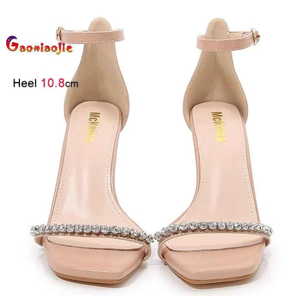 New Fashion strass una parola cinturino scarpe a spillo 10.8 cm tacchi altissimi sandali da donna testa quadrata sandali eleganti di colore nudo