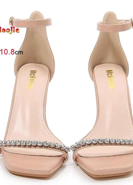 New Fashion strass una parola cinturino scarpe a spillo 10.8 cm tacchi altissimi sandali da donna testa quadrata sandali eleganti di colore nudo