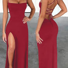 Abito lungo da donna slim fit, sexy, con spacco alto, spalline incrociate e design con laccetti sul retro