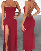 Women's slim-fit long dress, sexy, with a high slit, criss-cross straps, and a lace-up back design
