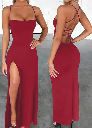 Women's slim-fit long dress, sexy, with a high slit, criss-cross straps, and a lace-up back design