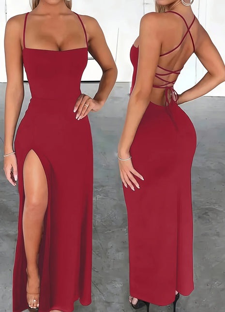 Abito lungo da donna slim fit, sexy, con spacco alto, spalline incrociate e design con laccetti sul retro