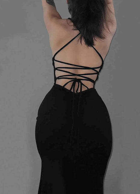 Abito lungo da donna slim fit, sexy, con spacco alto, spalline incrociate e design con laccetti sul retro