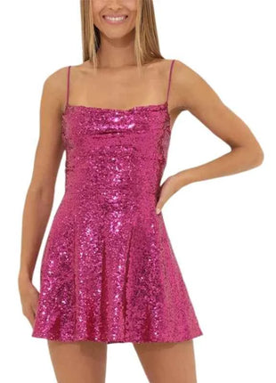 Abito da donna con paillettes lucide senza maniche, senza schienale, con spalline, aderente, mini abito da donna alla moda, abito da festa a trapezio per cocktail streetwear
