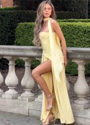 Abiti lunghi senza spalline con spalle scoperte da donna Abiti lunghi eleganti con lacci pieghettati da donna nuovi abiti estivi per feste di compleanno