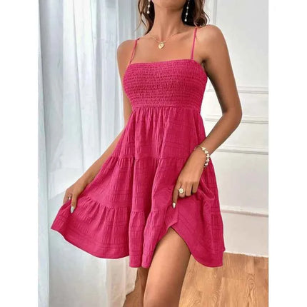 Abito Mini Estivo da Donna con Spalline Sottili, Bustier Arricciato, Blu con Balze a Strati, Casual per Vacanze e Spiaggia