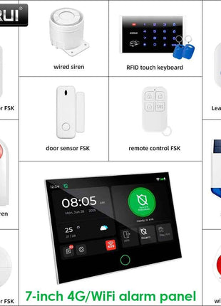 KERUI Nuovo sistema di allarme pannello touch screen da 7 pollici con sensori 4G + WiFi Fai da te i tuoi kit di allarme domestico Protezione di sicurezza FSK/ASK G70