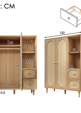 Armadio in legno di quercia stile rustico 161x120x44cm – 2 ante, 2 cassetti, ripiani aperti e asta appendiabiti – Design classico per camera da letto o corridoio – Ampio spazio per vestiti, biancheria e accessori – Co