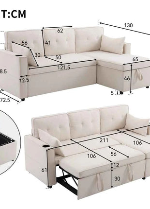 L-shaped Upholstered Sofa Bed with Sleeping Function, with Storage Space and Beverage Holder, Left and Right Interchangeable