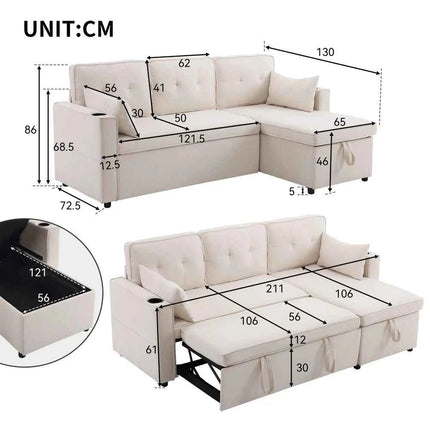L-shaped Upholstered Sofa Bed with Sleeping Function, with Storage Space and Beverage Holder, Left and Right Interchangeable