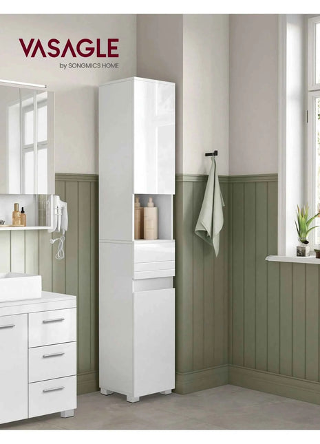 VASAGLE Tall Bathroom Cabinet, Slim Storage, Narrow Cupboard, Drawer, Adjustable Shelves, 30 x 30 x 170 cm, White