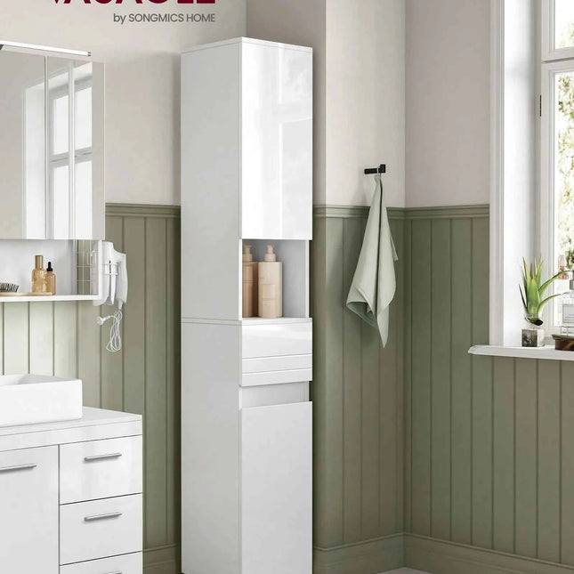 VASAGLE Tall Bathroom Cabinet, Slim Storage, Narrow Cupboard, Drawer, Adjustable Shelves, 30 x 30 x 170 cm, White