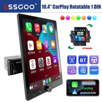 ESSGOO 10.4" 1 DIN Car Radio Wireless Apple Carplay Rotatable IPS Screen Android Auto USB AUX BT Car Stereo Multimedia Player
