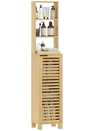 Homcom Tall Narrow Bamboo Bathroom Cabinet with 3 Open Shelves Slatted Door Adjustable Shelves Natural