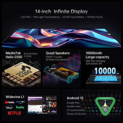 Tablet Teclast T70 14" Display 2K 128GB 256GB MediaTek Helio G99 Batteria 10000mAh LTE Dual SIM Android 15 Versione Globale