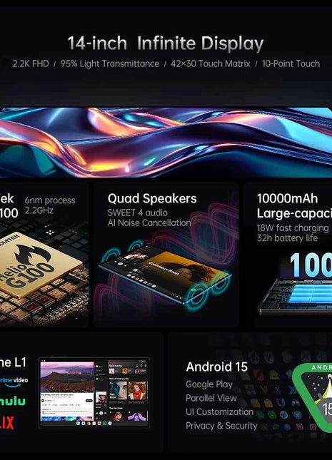 Tablet Teclast T70 14" Display 2K 128GB 256GB MediaTek Helio G99 Batteria 10000mAh LTE Dual SIM Android 15 Versione Globale