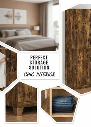 Armadio in Rovere Affumicato 90x52x200 cm con Ante Scorrevoli in Legno Ingegnerizzato, Ripiano e Asta Appendiabiti per Camera da Letto