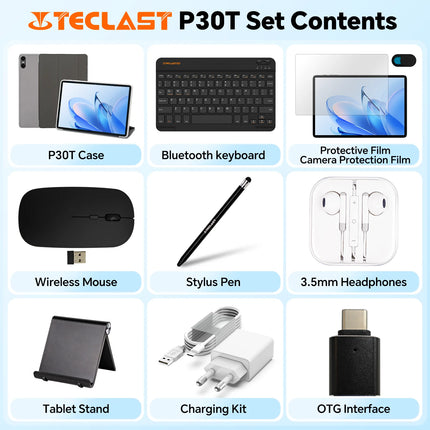Custodia per Teclast P30T, Tablet Android 16 da 10.1 pollici, 12GB (4GB+8GB) RAM, 128GB ROM, Processore Octa-core T7200, Tastiera/Custodia/Mouse/Stilo/Auricolari/Supporto