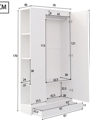 Armadio 70*40*170cm, design a porta singola, con ripiani e cassetti, bianco puro/naturale