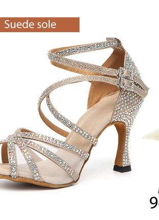 DKZSYIM Women's Latin Dance Shoes with Rhinestones - Salsa and Ballroom