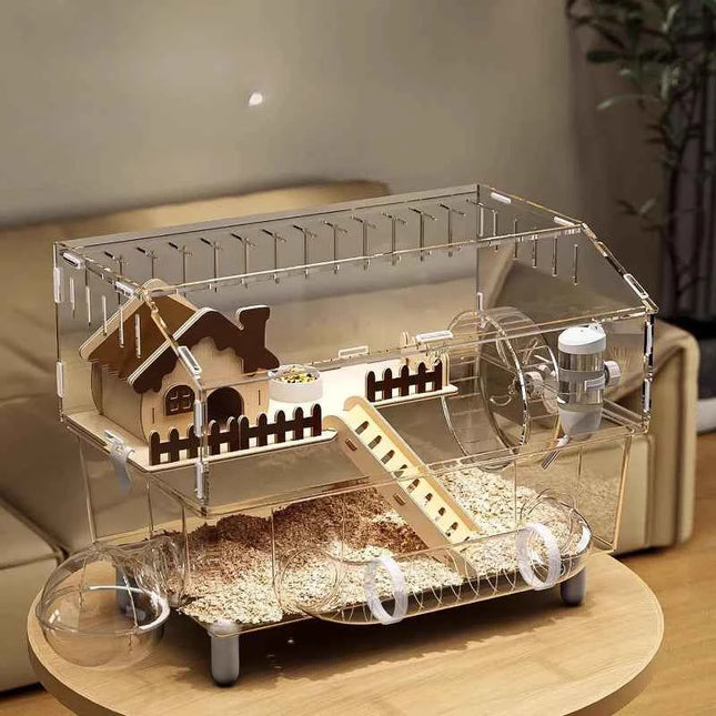 Luxury Acrylic Hamster Cage, Extra Large Transparent Habitat, Chew-Proof rodent Villa for Syrian Hamster Gerbil Mouse