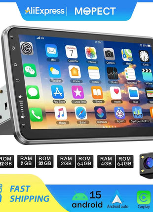 Universal Autoradio MOPECT Android 15 10.1" 360° Touchscreen 1 DIN Wireless CarPlay Android Auto GPS Navi RDS WiFi Mikrofon FM