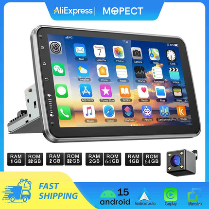 Universal Autoradio MOPECT Android 15 10.1" 360° Touchscreen 1 DIN Wireless CarPlay Android Auto GPS Navi RDS WiFi Mikrofon FM