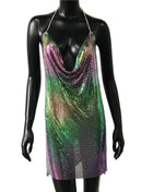 2023 Sexy Clubwear Backless Sequin Short Dress for Women Cocktail Metallic Split Mesh Harness Body Chain Club Low Cut Mini Dress