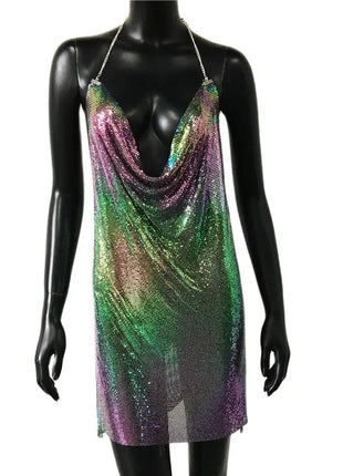 2023 Sexy Clubwear Backless Sequin Short Dress for Women Cocktail Metallic Split Mesh Harness Body Chain Club Low Cut Mini Dress