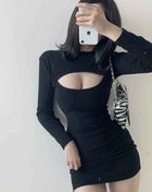 New Sexy Fashion Hollow Chest Show Thin Temperament Slim Hip Elastic Full Sleeve Sexy Mini Dress Women Pure Desire Mesh Traf