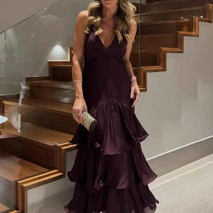 Elegant Solid Ruffled Sling Dress for Women Fashion Sleeveless Backless Party Maxi Dresses 2025 New Female Vacation Robes Street