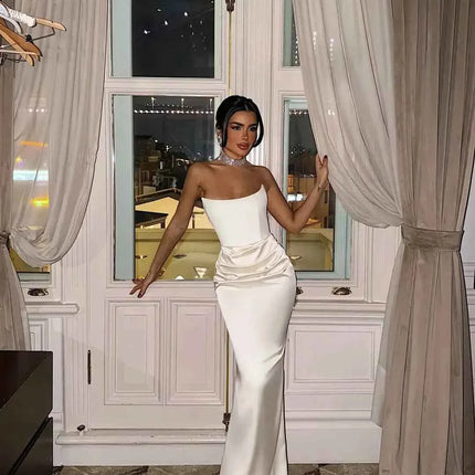Sexy High Waist Strapless Maxi Dress Women Fashion Backless Sleeveless Pleated Satin Slim Robes Elegant Lady Party Evening Gowns